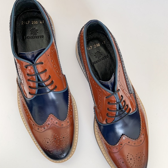 Brown-Navy Blue Wingtip Oxford Leather Dress Shoe main image 9